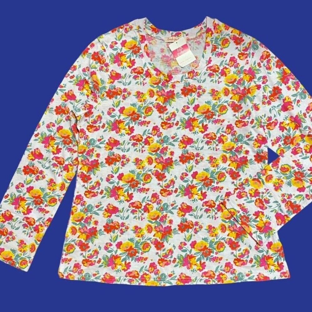 FRESH PRODUCE 1X White $49 Garden Blooms FLORAL Scoop LS Jersey Tee Top NWT New